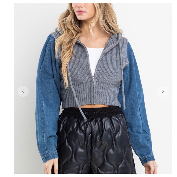 Rib Knit and Denim Contrast Crop Hoodie Jacket - Picture 5 of 6
